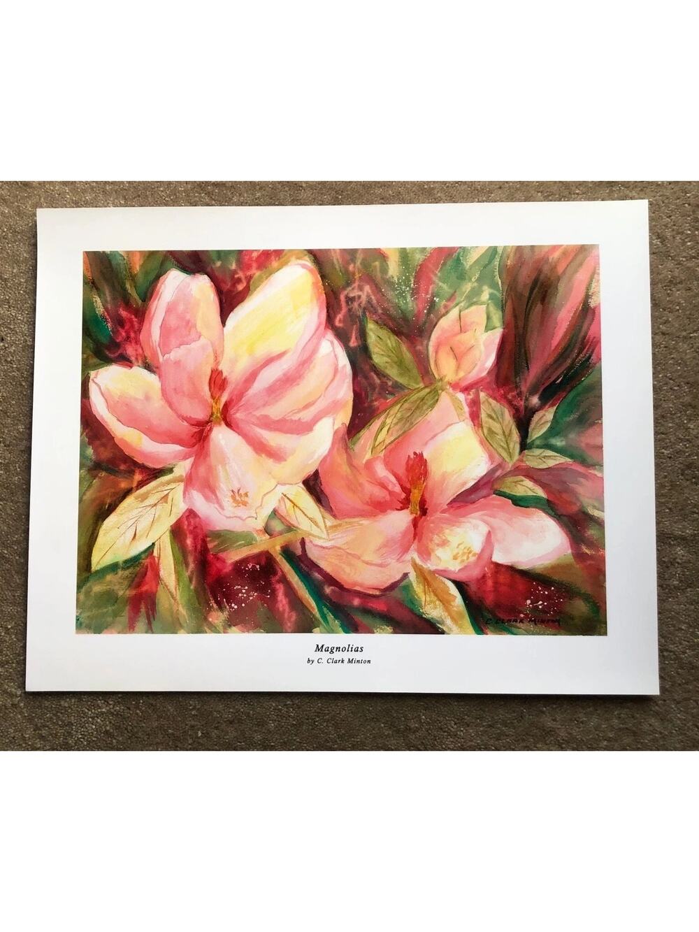 C. Clark Minton”Magnolias” Signed Art Print Floral Painting Pink Flower Wall Art